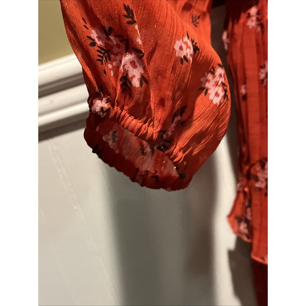 Alice Blue NWT Rust Orange Floral Ruffled V Neck Long Dress 3/4 Balloon Sleeve - Picture 7 of 11
